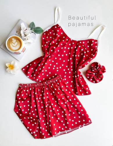 تاپ و شورتک ساتن طرح قلب قرمز 2x