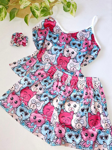 تاپ و شورتک ساتن گربه آبی